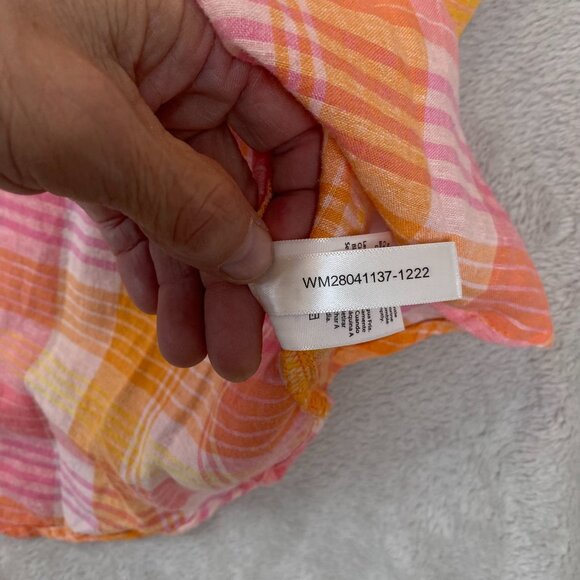 Time & Tru Women's Linen Blend Shirt L Plaid Button-Up Pink Orange Short Sleeve - Picture 10 of 14